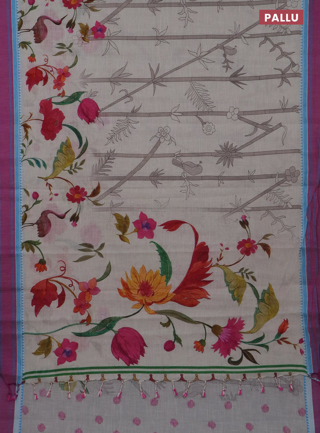 Mangalgiri cotton saree off white and purple with allover floral prints and thread woven border
