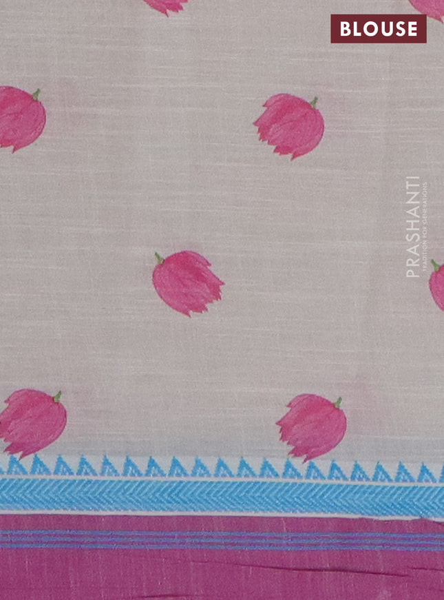 Mangalgiri cotton saree off white and purple with allover floral prints and thread woven border