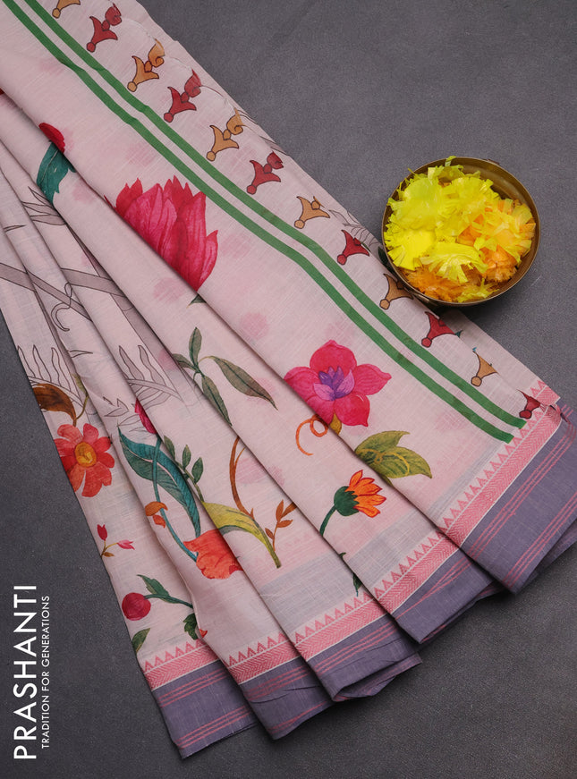 Mangalgiri cotton saree beige and grey with allover floral prints and thread woven border