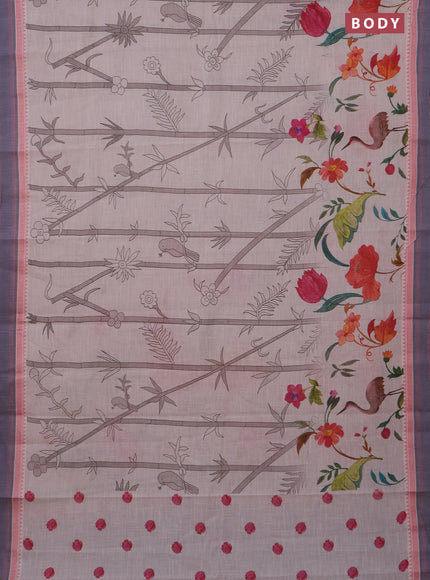 Mangalgiri cotton saree beige and grey with allover floral prints and thread woven border