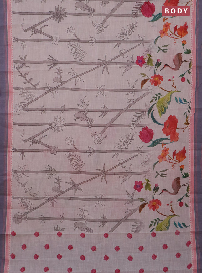 Mangalgiri cotton saree beige and grey with allover floral prints and thread woven border