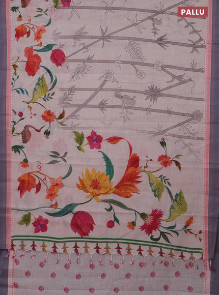 Mangalgiri cotton saree beige and grey with allover floral prints and thread woven border