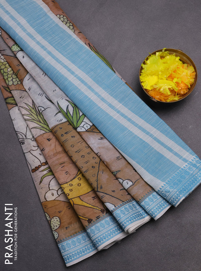 Mangalgiri cotton saree grey and off white light blue with allover prints and thread woven border