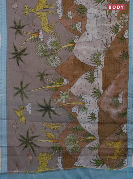 Mangalgiri cotton saree grey and off white light blue with allover prints and thread woven border