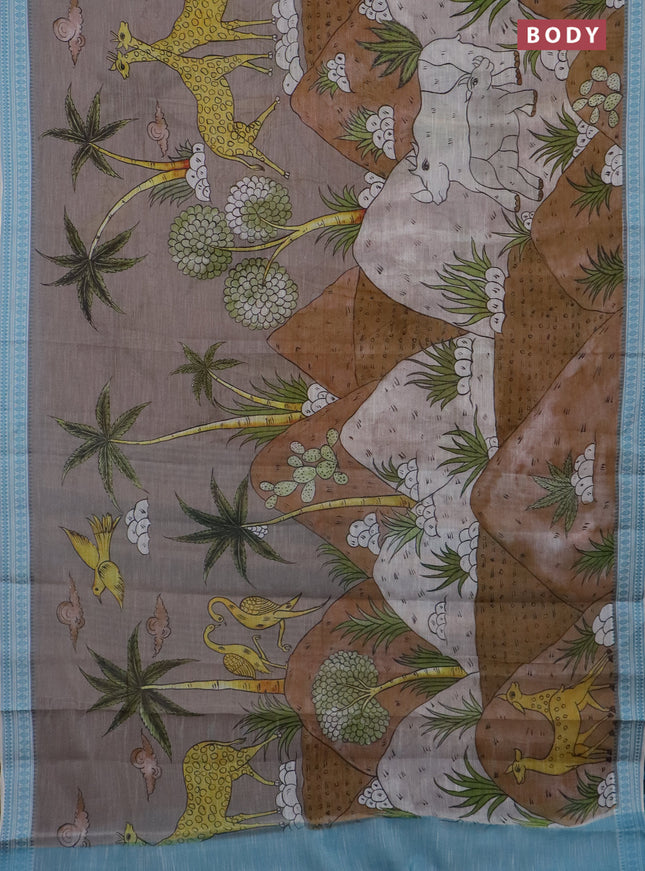 Mangalgiri cotton saree grey and off white light blue with allover prints and thread woven border