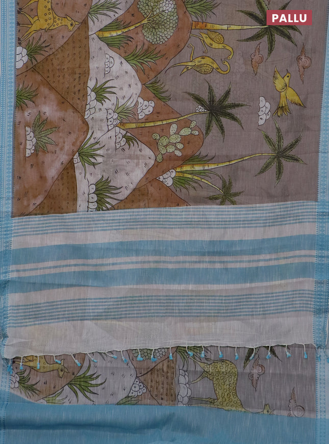 Mangalgiri cotton saree grey and off white light blue with allover prints and thread woven border