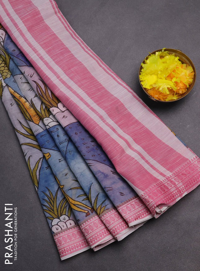 Mangalgiri cotton saree grey multi colour and off white pink with allover prints and thread woven border