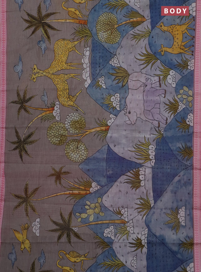 Mangalgiri cotton saree grey multi colour and off white pink with allover prints and thread woven border