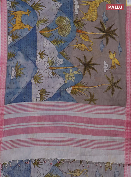 Mangalgiri cotton saree grey multi colour and off white pink with allover prints and thread woven border