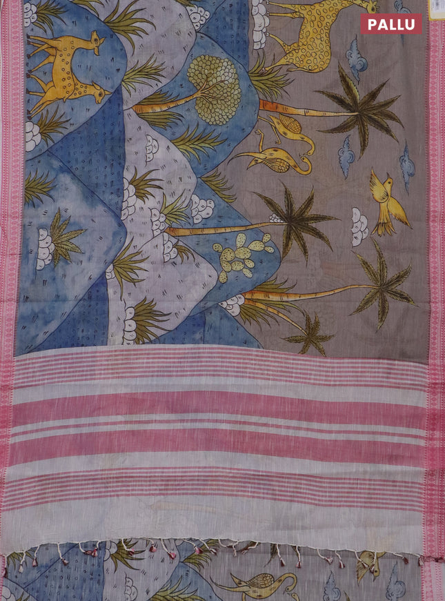 Mangalgiri cotton saree grey multi colour and off white pink with allover prints and thread woven border