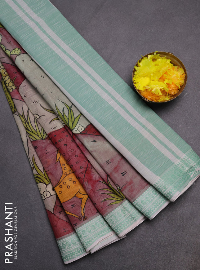 Mangalgiri cotton saree grey shade and off white pastel green with allover prints and thread woven border