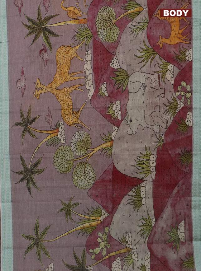 Mangalgiri cotton saree grey shade and off white pastel green with allover prints and thread woven border