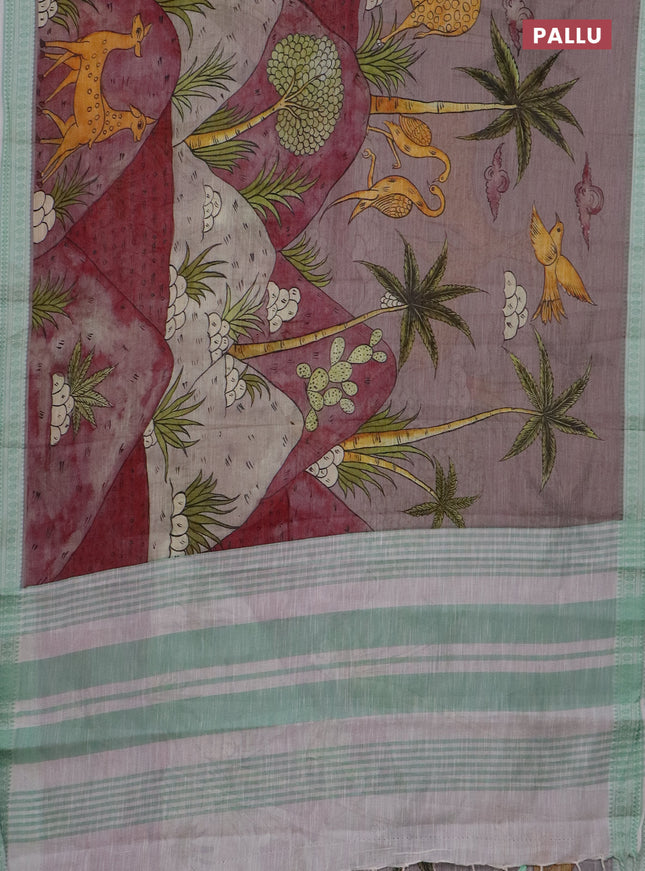 Mangalgiri cotton saree grey shade and off white pastel green with allover prints and thread woven border