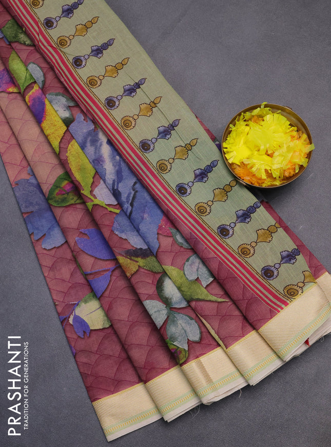 Mangalgiri cotton saree pastel peach and cream pastel pink with allover prints and thread woven border