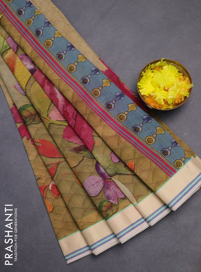 Mangalgiri cotton saree sandal and cream green shade with allover prints and thread woven border