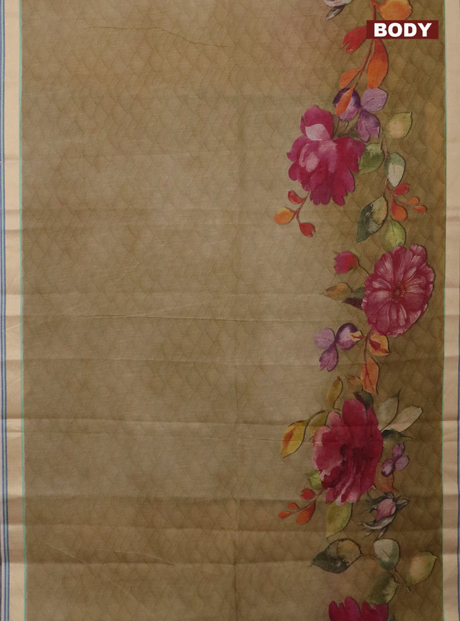 Mangalgiri cotton saree sandal and cream green shade with allover prints and thread woven border