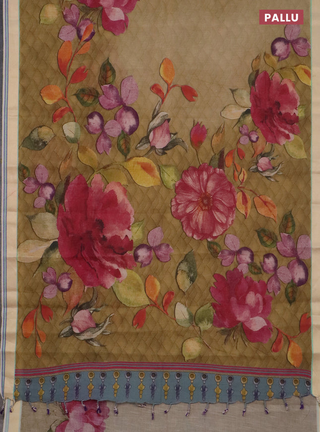 Mangalgiri cotton saree sandal and cream green shade with allover prints and thread woven border