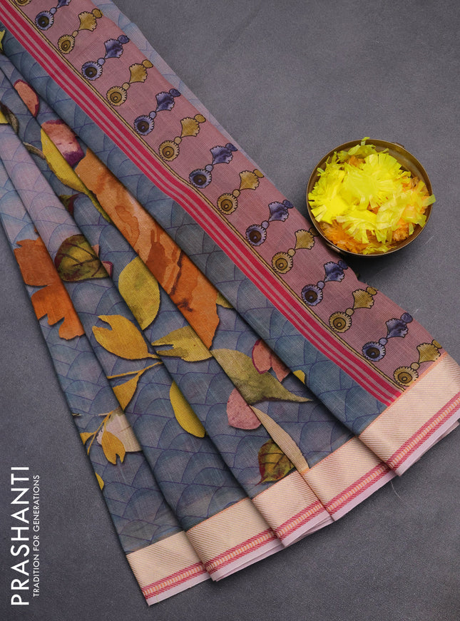 Mangalgiri cotton saree grey shade and baby pink with allover prints and thread woven border