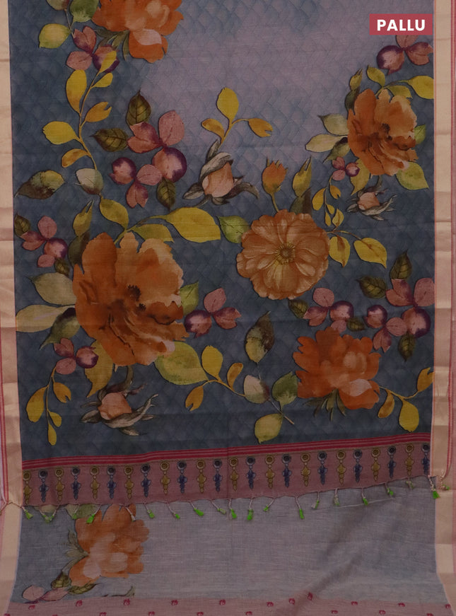 Mangalgiri cotton saree grey shade and baby pink with allover prints and thread woven border