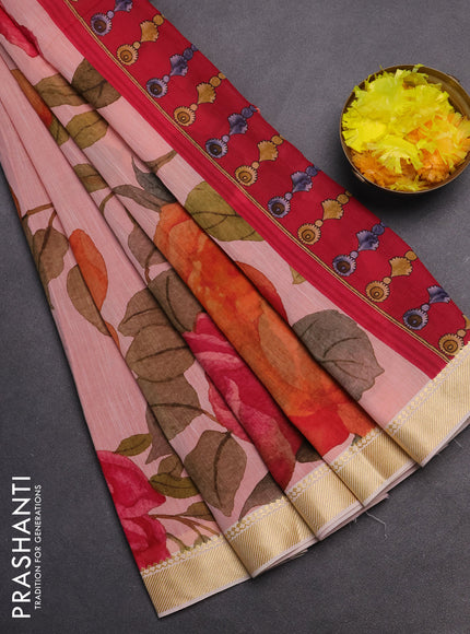 Mangalgiri cotton saree peach orange and cream pink with allover floral prints and thread woven border