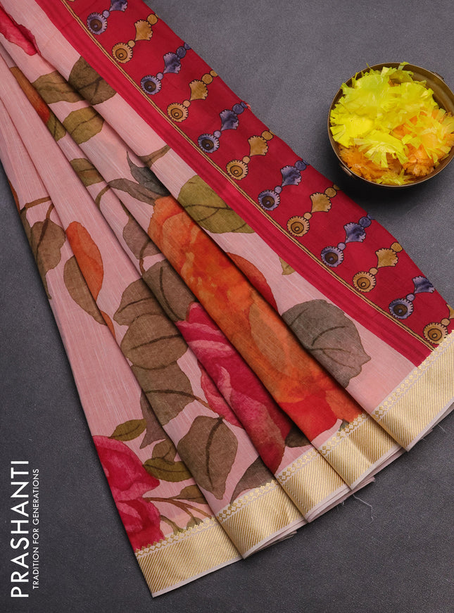 Mangalgiri cotton saree peach orange and cream pink with allover floral prints and thread woven border