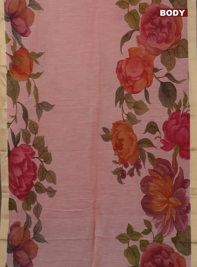 Mangalgiri cotton saree peach orange and cream pink with allover floral prints and thread woven border