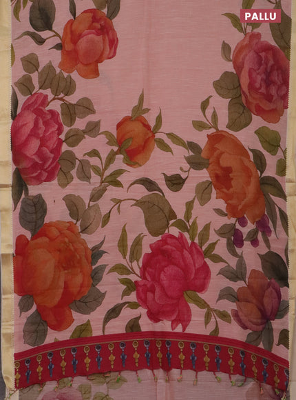 Mangalgiri cotton saree peach orange and cream pink with allover floral prints and thread woven border