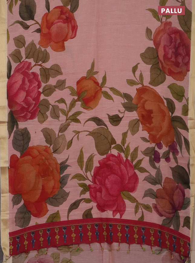 Mangalgiri cotton saree peach orange and cream pink with allover floral prints and thread woven border