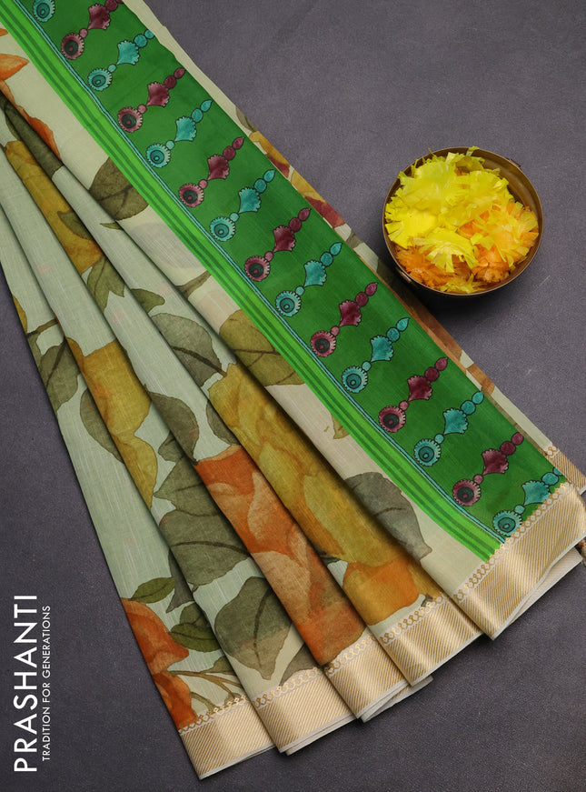 Mangalgiri cotton saree pista green and cream green with allover floral prints and thread woven border