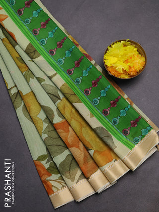 Mangalgiri cotton saree pista green and cream green with allover floral prints and thread woven border