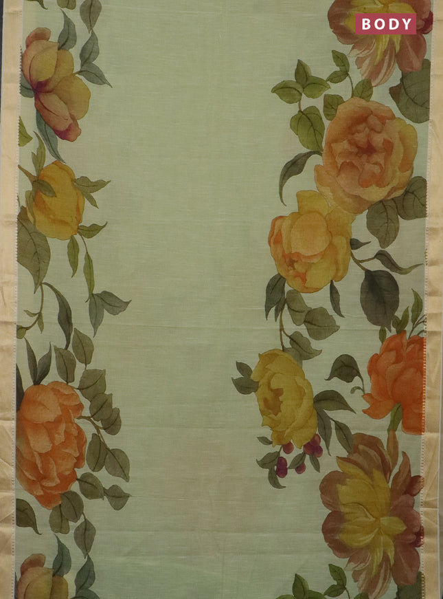 Mangalgiri cotton saree pista green and cream green with allover floral prints and thread woven border