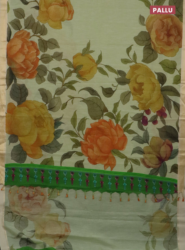Mangalgiri cotton saree pista green and cream green with allover floral prints and thread woven border