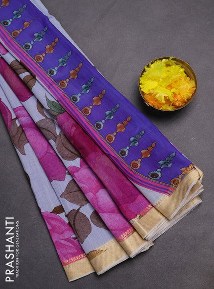 Mangalgiri cotton saree pastel blue shade and cream blue with allover floral prints and thread woven border