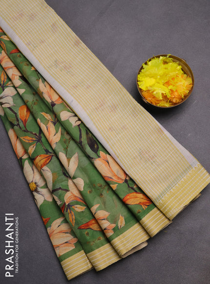 Mangalgiri cotton saree green and mustard yellow with allover floral prints and thread woven border