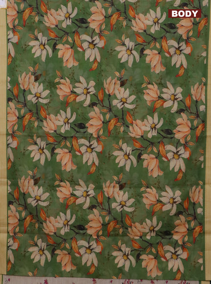 Mangalgiri cotton saree green and mustard yellow with allover floral prints and thread woven border