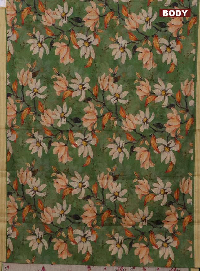 Mangalgiri cotton saree green and mustard yellow with allover floral prints and thread woven border