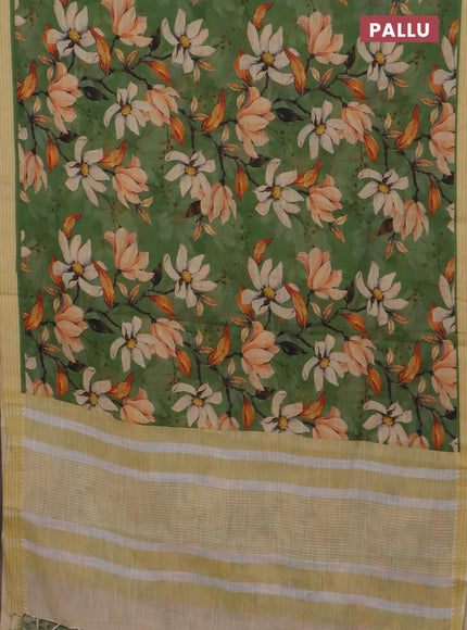 Mangalgiri cotton saree green and mustard yellow with allover floral prints and thread woven border
