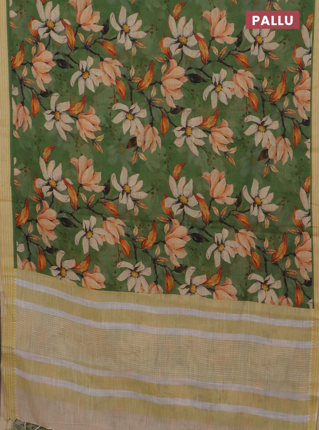 Mangalgiri cotton saree green and mustard yellow with allover floral prints and thread woven border