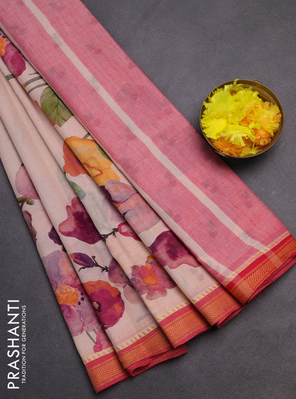 Mangalgiri cotton saree beige and pink with floral prints and thread woven border