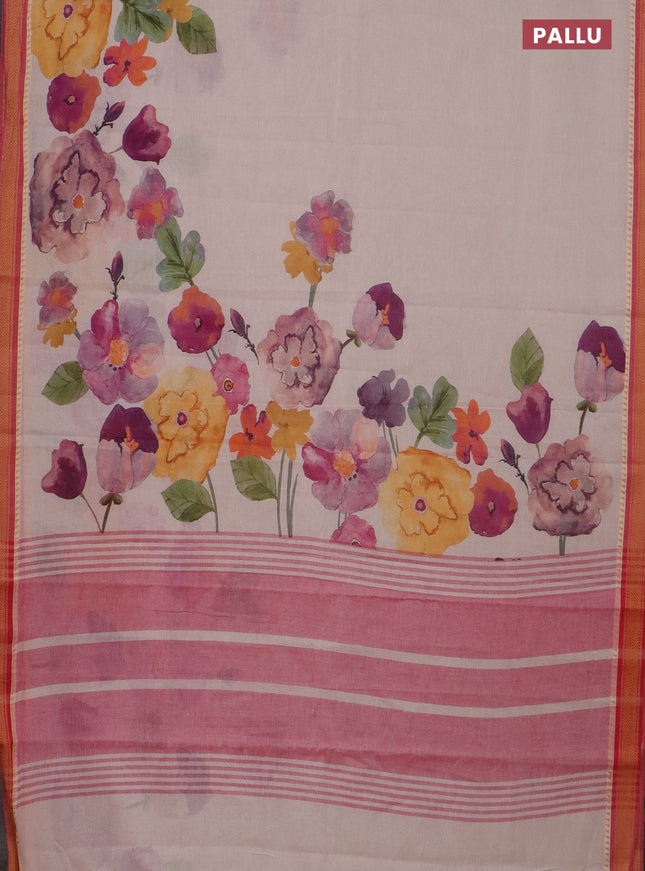 Mangalgiri cotton saree beige and pink with floral prints and thread woven border