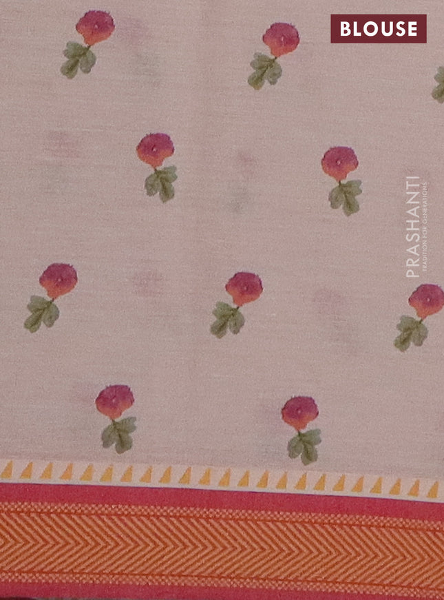 Mangalgiri cotton saree beige and pink with floral prints and thread woven border