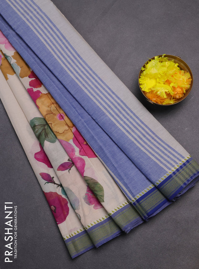 Mangalgiri cotton saree beige and blue with floral prints and thread woven border