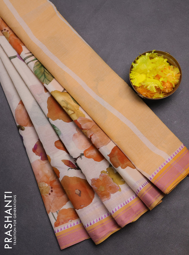 Mangalgiri cotton saree beige and mustard yellow with floral prints and thread woven border