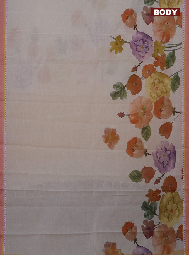 Mangalgiri cotton saree beige and mustard yellow with floral prints and thread woven border