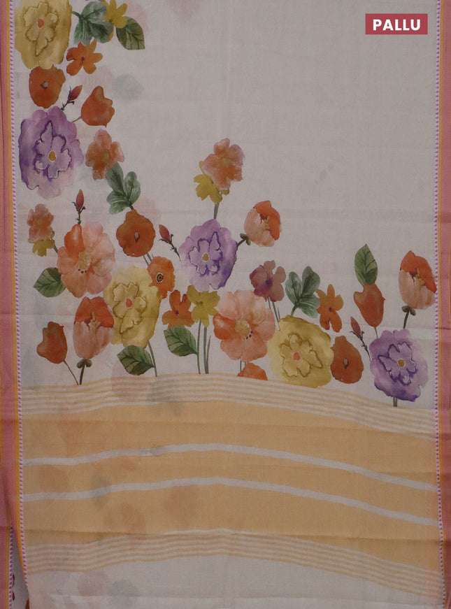 Mangalgiri cotton saree beige and mustard yellow with floral prints and thread woven border