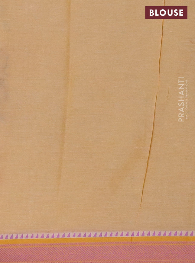 Mangalgiri cotton saree beige and mustard yellow with floral prints and thread woven border