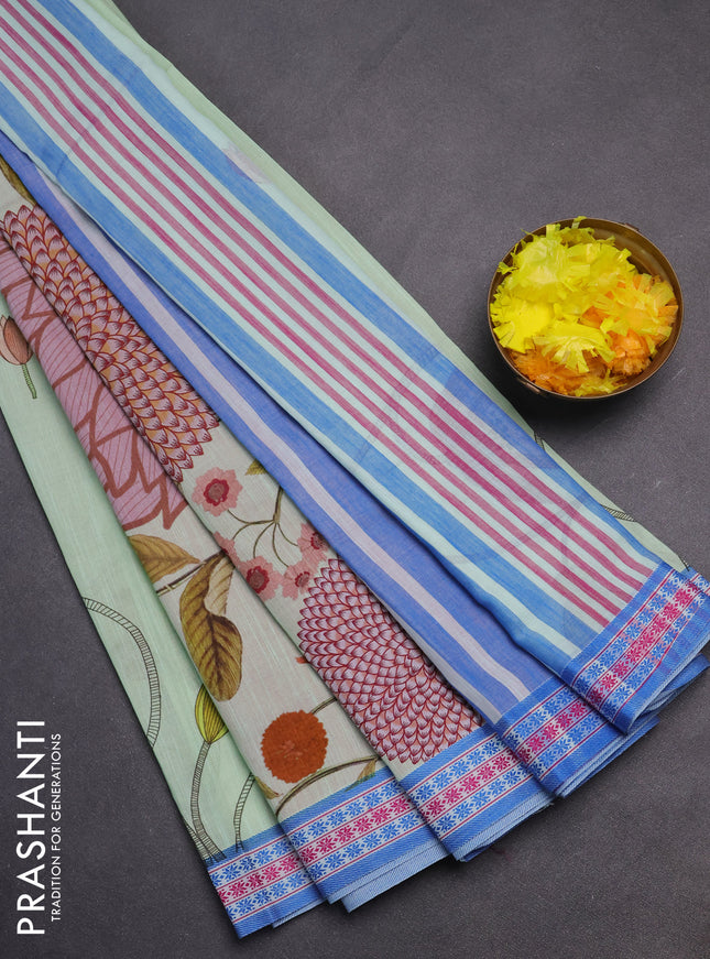 Mangalgiri cotton saree pista green and blue with floral prints and thread woven border