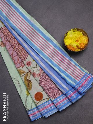 Mangalgiri cotton saree pista green and blue with floral prints and thread woven border