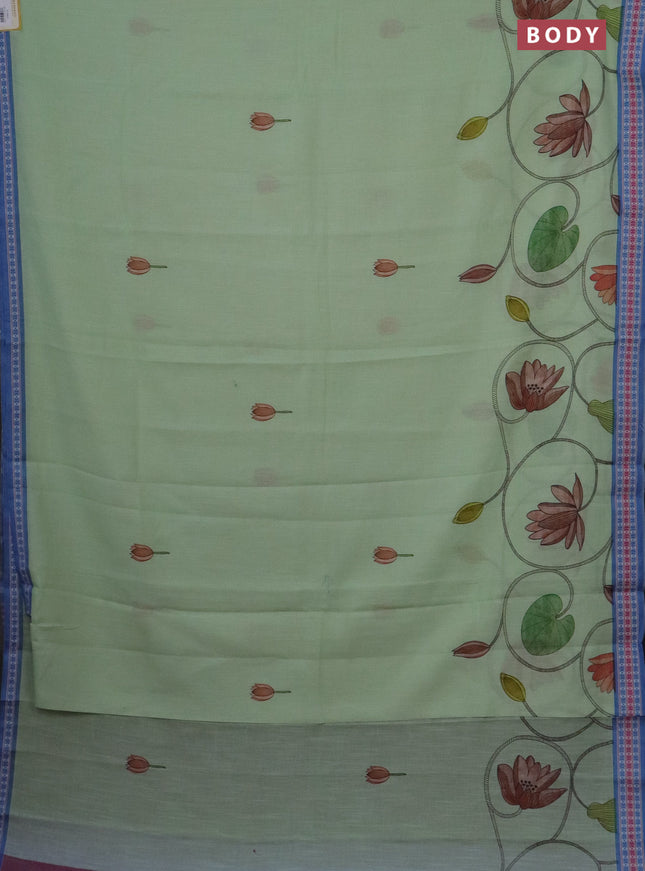 Mangalgiri cotton saree pista green and blue with floral prints and thread woven border