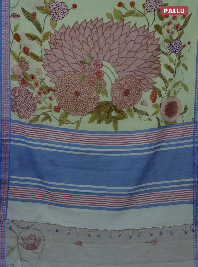 Mangalgiri cotton saree pista green and blue with floral prints and thread woven border